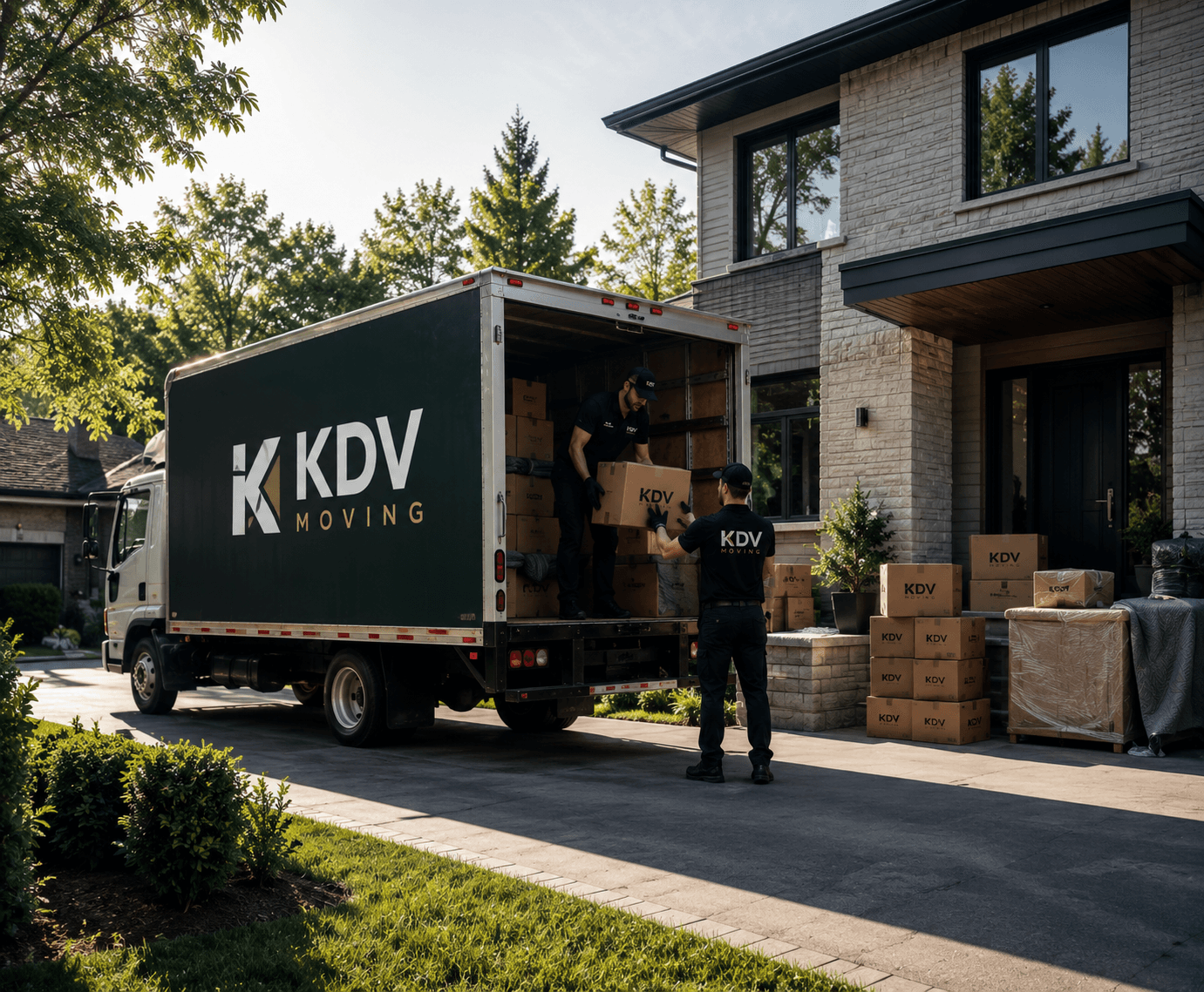 KDV Moving crew carrying branded boxes into a bright, modern home